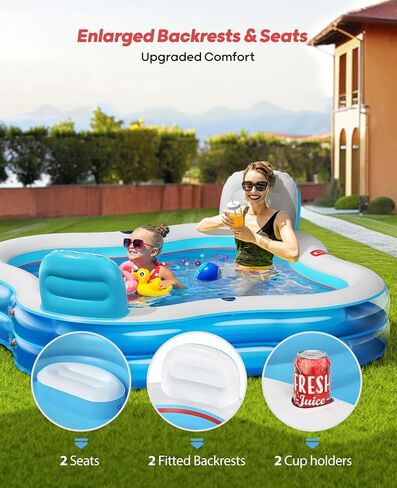 QPAU Inflatable Swimming Pool with 2 Seats and Backrests, 80" L x 80" W x 16.5" D Large Full-Sized Family Pools for Kids and Adults for Backyard, Garden, Outdoors, Clear Blue in Kuwait