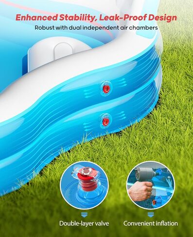 QPAU Inflatable Swimming Pool with 2 Seats and Backrests, 80" L x 80" W x 16.5" D Large Full-Sized Family Pools for Kids and Adults for Backyard, Garden, Outdoors, Clear Blue in Kuwait