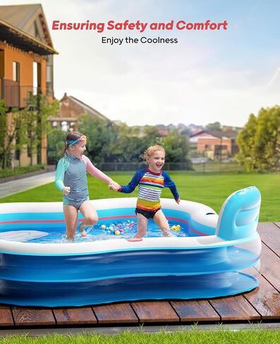 QPAU Inflatable Swimming Pool with 2 Seats and Backrests, 80" L x 80" W x 16.5" D Large Full-Sized Family Pools for Kids and Adults for Backyard, Garden, Outdoors, Clear Blue in Kuwait