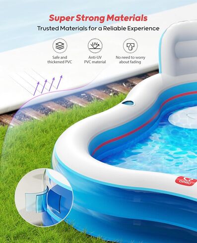 QPAU Inflatable Swimming Pool with 2 Seats and Backrests, 80" L x 80" W x 16.5" D Large Full-Sized Family Pools for Kids and Adults for Backyard, Garden, Outdoors, Clear Blue in Kuwait