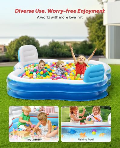 QPAU Inflatable Swimming Pool with 2 Seats and Backrests, 80" L x 80" W x 16.5" D Large Full-Sized Family Pools for Kids and Adults for Backyard, Garden, Outdoors, Clear Blue in Kuwait