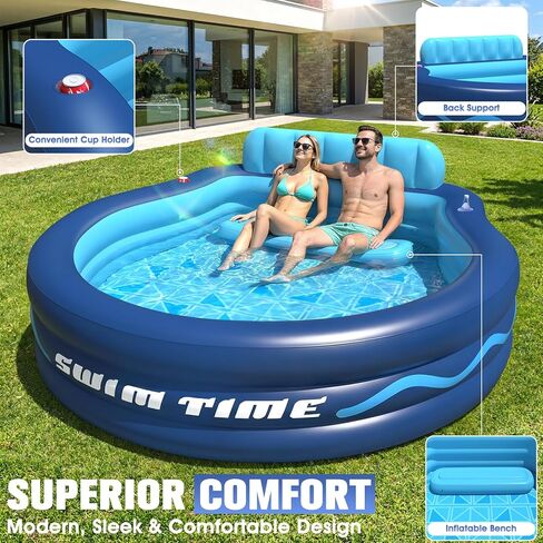 Inflatable Pool with Seats and Headrest,Oversized Thickened Large Blow Up Pool for Audlt,Inflatable Backyard Pools for Adult,Durable Swim Center Inflatable Family Lounge Pool 90"×90"×20" in Kuwait