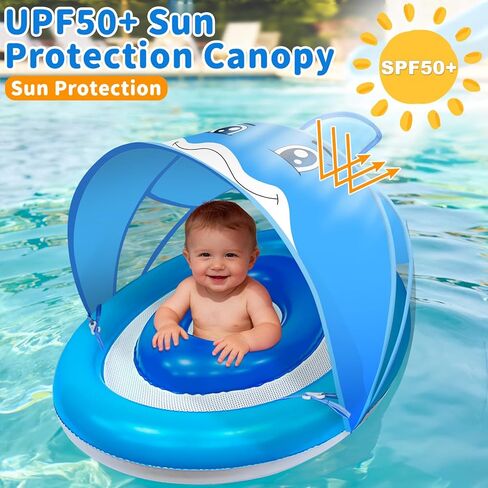 Baby Pool Float with Canopy UPF50+ for Age 6-36 Months 4 Stage Adjustable Canopy and Anti-Tip Safety Seat Dual Air Chambers Inflatable Toddler Floaties Infant Pool Float, Baby Beach Essentials in Saudi Arabia