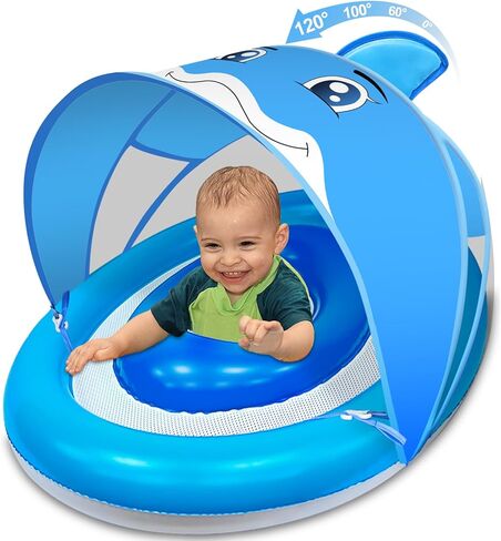 Baby Pool Float with Canopy UPF50+ for Age 6-36 Months 4 Stage Adjustable Canopy and Anti-Tip Safety Seat Dual Air Chambers Inflatable Toddler Floaties Infant Pool Float, Baby Beach Essentials in Saudi Arabia