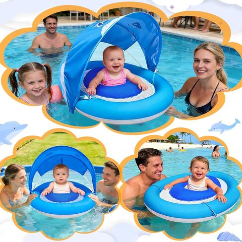 Baby Pool Float with Canopy UPF50+ for Age 6-36 Months 4 Stage Adjustable Canopy and Anti-Tip Safety Seat Dual Air Chambers Inflatable Toddler Floaties Infant Pool Float, Baby Beach Essentials in Saudi Arabia