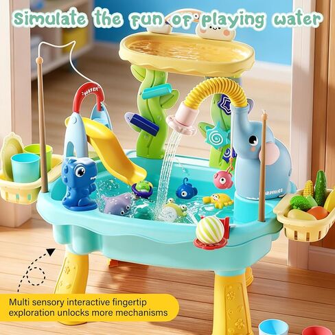 2027 Upgraded 4-in-1 Sand Water Table for Toddlers 1-3, Kids Sensory Table with Electric Water Pump & Elephant Faucet, Play Kitchen Sink with Food Accessories, Fishing Toy (Blue) in Saudi Arabia