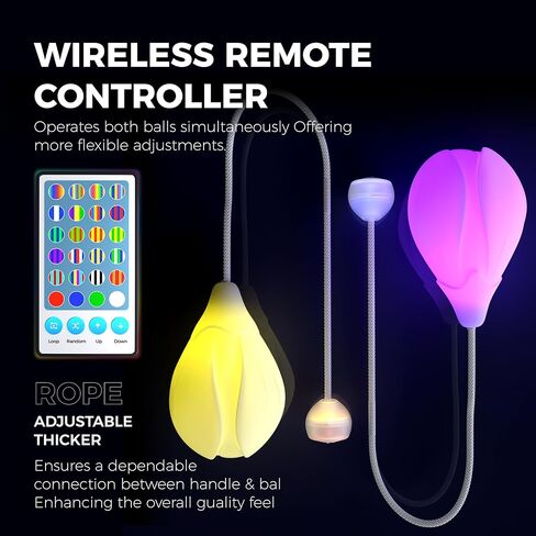 كرات POITOI LED Poi قابلة لإعادة الشحن، 34 لونًا نابضًا بالحياة ومقابض LED ناعمة مع حبل سميك قابل للتعديل، دعائم فنية لتدفق البطارية الطويلة - هدية رائعة للمبتدئين والمهنيين والراقصين in Kuwait