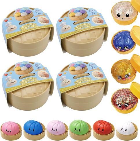 Dumpling Squishy Mystery Box, Glitter Dumpling, Dumplings Style Stress Balls for Adults and Kids, Cute Steamer Basket Design with Squeezable Bun Stress Relief Fidget Toys (4 PCS) in Saudi Arabia