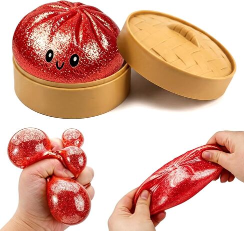 Dumpling Squishy Mystery Box, Glitter Dumpling, Dumplings Style Stress Balls for Adults and Kids, Cute Steamer Basket Design with Squeezable Bun Stress Relief Fidget Toys (4 PCS) in Saudi Arabia