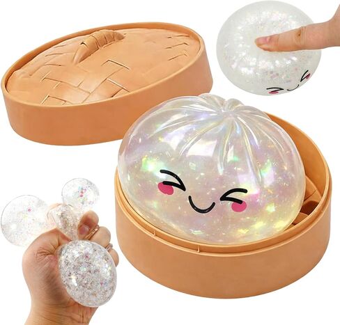 Dumpling Squishy Mystery Box, Glitter Dumpling, Dumplings Style Stress Balls for Adults and Kids, Cute Steamer Basket Design with Squeezable Bun Stress Relief Fidget Toys (4 PCS) in Saudi Arabia