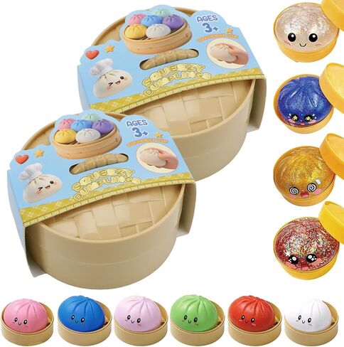 Dumpling Squishy Mystery Box, Glitter Dumpling, Dumplings Style Stress Balls for Adults and Kids, Cute Steamer Basket Design with Squeezable Bun Stress Relief Fidget Toys (4 PCS) in Saudi Arabia