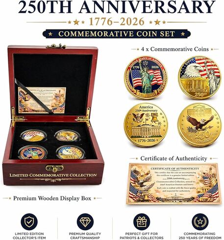 مجموعة عملات الولايات المتحدة الأمريكية للذكرى الـ 250 (1776–2026) - 4 قطع عملات التحدي الوطني مع صندوق خشبي وبطاقة، مجموعة تذكارية أمريكية رقم 250، هدية تذكارية غير رسمية من صنع المعجبين in Kuwait