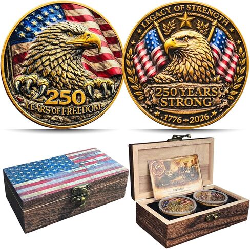 250th Anniversary USA Commemorative Coin Set with Wooden Gift Box, Patriotic Eagle & Liberty Bell Coins, 1776–2026 Freedom Keepsake, Veteran Gift, 250 Anniversary America Merchandise in Kuwait