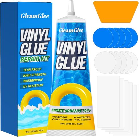 GleamGlee Air Mattress Patch Kit, Heavy Duty Waterproof Vinyl PVC Inflatable Repair Kit for Air Bed, Pool Float, Pool Liner, Hot Tub, Bounce House, Boat, Raft and Kayak - 80ML in Kuwait
