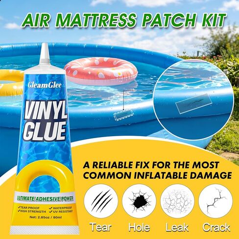 GleamGlee Air Mattress Patch Kit, Heavy Duty Waterproof Vinyl PVC Inflatable Repair Kit for Air Bed, Pool Float, Pool Liner, Hot Tub, Bounce House, Boat, Raft and Kayak - 80ML in Kuwait