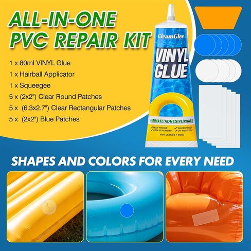 GleamGlee Air Mattress Patch Kit, Heavy Duty Waterproof Vinyl PVC Inflatable Repair Kit for Air Bed, Pool Float, Pool Liner, Hot Tub, Bounce House, Boat, Raft and Kayak - 80ML in Kuwait
