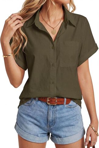 Women’s Casual Collared Button Down Short Sleeve Cotton Summer Blouse Shirt Top with Pocket in Saudi Arabia