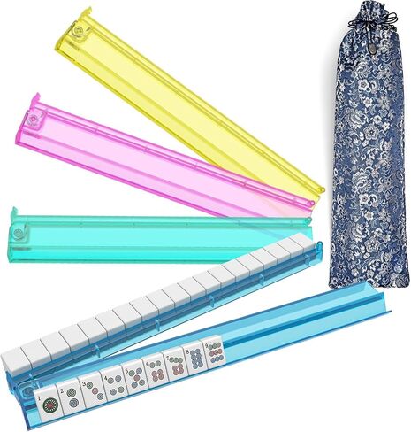 Mahjong Racks with Pushers and Bag - Set of 4 Clear Acrylic Tile Holders for American Mahjongg, Mahjong Accessories and Storage Bag, Transparent Mahjong Racks (Clear) in Kuwait
