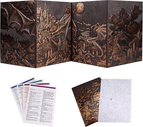 DND Dungeon Master Screen 5e، شاشة D&D DM ثلاثية الأبعاد من الجلد الصناعي، 4 لوحات مع جيوب للأبراج المحصنة والتنين، ملحقات GM RPG هدية متضمنة إدراجات مخصصة وحقيبة تخزين (نحاس) in Kuwait