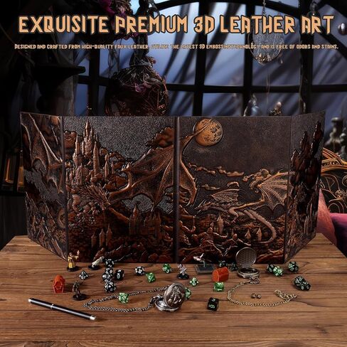 DND Dungeon Master Screen 5e، شاشة D&D DM ثلاثية الأبعاد من الجلد الصناعي، 4 لوحات مع جيوب للأبراج المحصنة والتنين، ملحقات GM RPG هدية متضمنة إدراجات مخصصة وحقيبة تخزين (نحاس) in Kuwait