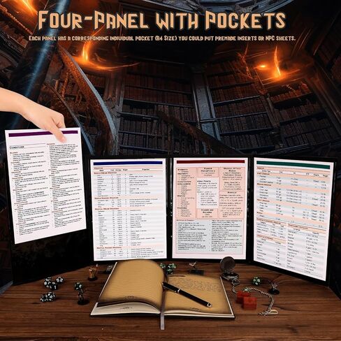DND Dungeon Master Screen 5e، شاشة D&D DM ثلاثية الأبعاد من الجلد الصناعي، 4 لوحات مع جيوب للأبراج المحصنة والتنين، ملحقات GM RPG هدية متضمنة إدراجات مخصصة وحقيبة تخزين (نحاس) in Kuwait