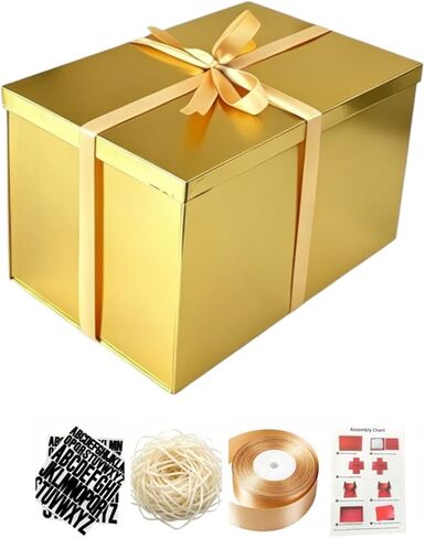 BoxSkivra Extra Large Gift Box 17x11x10.2 Inches，Gold Gift Box with Lid for Christmas，Anniversary，Birthday，Luxury Boxes with Crinkle Paper，Ribbon，Alphabet Stickers in Kuwait