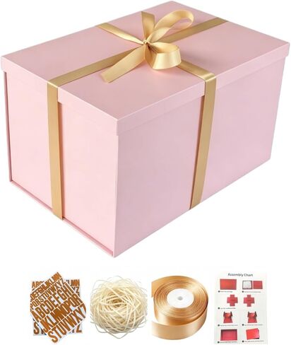 BoxSkivra Extra Large Gift Box 17x11x10.2 Inches，Gold Gift Box with Lid for Christmas，Anniversary，Birthday，Luxury Boxes with Crinkle Paper，Ribbon，Alphabet Stickers in Saudi Arabia