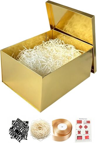 BoxSkivra Extra Large Gift Box 17x11x10.2 Inches，Gold Gift Box with Lid for Christmas，Anniversary，Birthday，Luxury Boxes with Crinkle Paper，Ribbon，Alphabet Stickers in Saudi Arabia