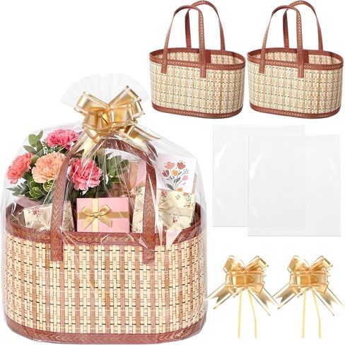 Reallnaive 2 Set Gift Basket Empty Woven Bamboo Storage Baskets with Clear Gift Bags Pull Bows Ribbon Foldable DIY Gifts Basket Kit with Handle for Baby Shower Housewarming in Saudi Arabia