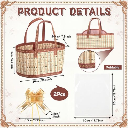 Reallnaive 2 Set Gift Basket Empty Woven Bamboo Storage Baskets with Clear Gift Bags Pull Bows Ribbon Foldable DIY Gifts Basket Kit with Handle for Baby Shower Housewarming in Saudi Arabia