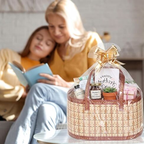 Reallnaive 2 Set Gift Basket Empty Woven Bamboo Storage Baskets with Clear Gift Bags Pull Bows Ribbon Foldable DIY Gifts Basket Kit with Handle for Baby Shower Housewarming in Saudi Arabia