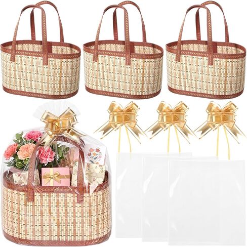 Reallnaive 2 Set Gift Basket Empty Woven Bamboo Storage Baskets with Clear Gift Bags Pull Bows Ribbon Foldable DIY Gifts Basket Kit with Handle for Baby Shower Housewarming in Saudi Arabia