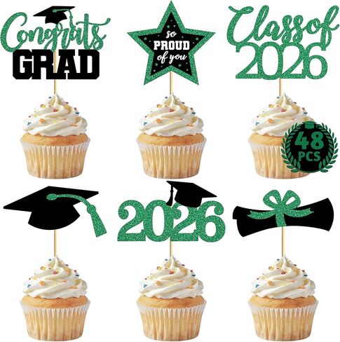 48 PCS Graduation Cupcake Toppers, 6 Styles Congrats Grad Cake Topper, Black and Gold Graduation Decorations 2026, Glittery Cap and Diploma Cake Picks for Grad Party Decor Supplies in Kuwait