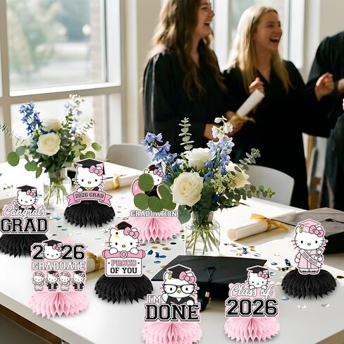 Pink Graduation Honeycomb Centerpieces For Tables, Vibrant Color Matched Party Decor With Pink And Black Bases, Class Of 2026 in Kuwait