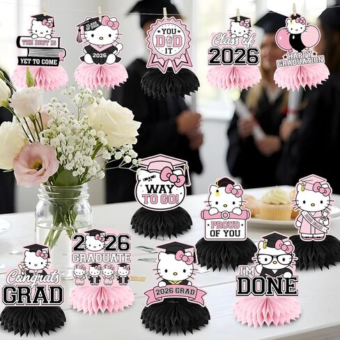 Pink Graduation Honeycomb Centerpieces For Tables, Vibrant Color Matched Party Decor With Pink And Black Bases, Class Of 2026 in Kuwait