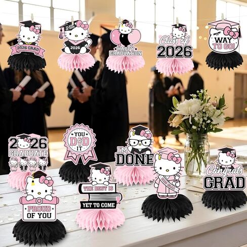 Pink Graduation Honeycomb Centerpieces For Tables, Vibrant Color Matched Party Decor With Pink And Black Bases, Class Of 2026 in Kuwait