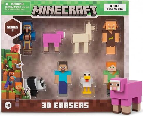 P.M.I. Minecraft 3D Erasers Series 2 Collector Set, Officially Licensed Minecraft Mini Figures, 8 Character Erasers with Steve, Alex, Piglin, Wandering Trader & Animal Characters, Version A in Kuwait