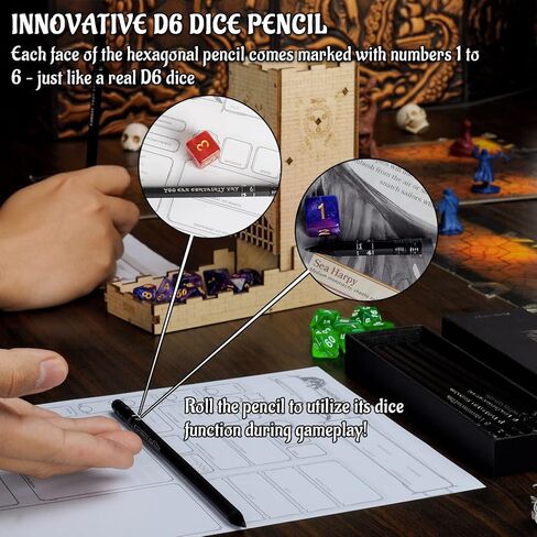 مجموعة أقلام DND مكونة من 12 - رقائق فضية مختومة بشعارات RPG وأرقام النرد D6 - قلم ألعاب منضدية سداسي 2HB مع ممحاة - أدوات وإكسسوارات وهدايا يجب اقتناؤها لـ DM والمشغل (النمط A) in Kuwait