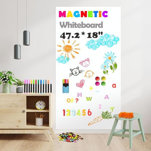 Magnetic Chalkboard Contact Paper for Wall, 47.2" x 18" Self-Adhesive Magnet Wall Sheet with 79 Magnetic Letters for Kids and 12 Colors of Chalk, Black Chalk Board Wallpaper Roll in Kuwait