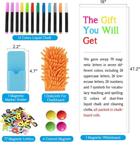 Magnetic Chalkboard Contact Paper for Wall, 47.2" x 18" Self-Adhesive Magnet Wall Sheet with 79 Magnetic Letters for Kids and 12 Colors of Chalk, Black Chalk Board Wallpaper Roll in Kuwait