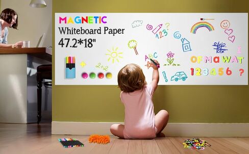 Magnetic Chalkboard Contact Paper for Wall, 47.2" x 18" Self-Adhesive Magnet Wall Sheet with 79 Magnetic Letters for Kids and 12 Colors of Chalk, Black Chalk Board Wallpaper Roll in Kuwait