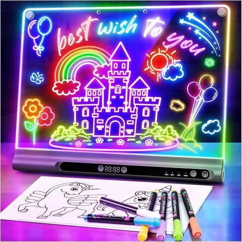 16“ Rechargeable LED Drawing Board, 9-Color Light Modes with Timer & Built-in Stand, Neon Art Dry Erase Glow Up Doodle Note Pad, Sketching Gift Toy for Kids/Girls/Teens, 6 Markers & Tracing Book in Saudi Arabia