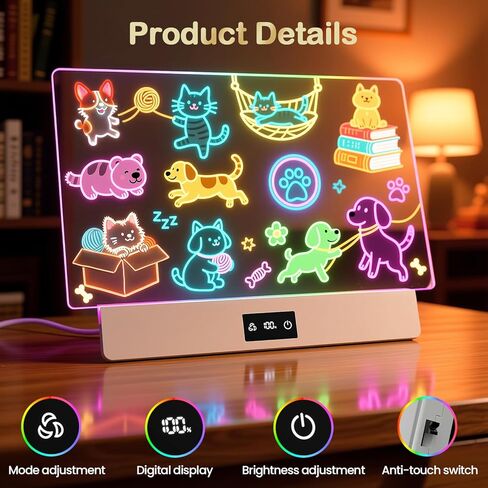 TAEMVV 16 Inch LED Drawing Board for Kids with Display, Rechargeable Light Up LCD Writing Tablet with 15H Battery & Stand, 8 Colors 3 Dynamic Modes Glow Light Board for Toy Birthday Gifts in Kuwait