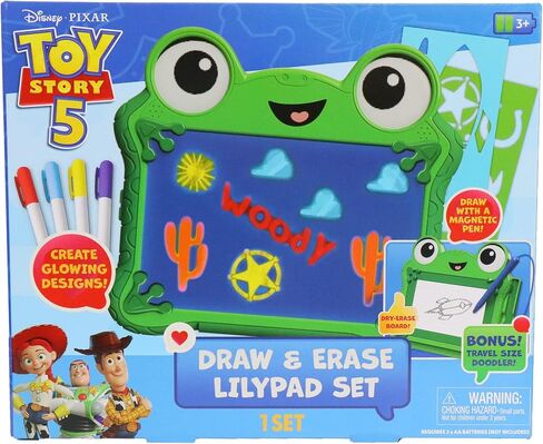 مجموعة Disney Pixar Toy Story 5 Draw & Erase Lilypad - لوحة توهج قابلة للمسح الجاف على شكل ضفدع ولوحة أقلام مغناطيسية للسفر، ابتكر أعمالًا فنية واستنسل وأقلام تحديد، للأطفال بعمر 3 سنوات فما فوق in Kuwait