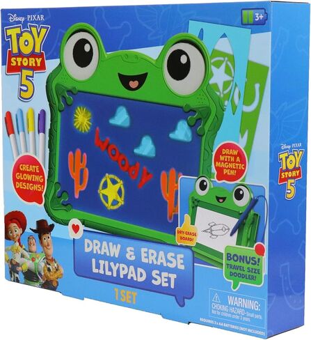 مجموعة Disney Pixar Toy Story 5 Draw & Erase Lilypad - لوحة توهج قابلة للمسح الجاف على شكل ضفدع ولوحة أقلام مغناطيسية للسفر، ابتكر أعمالًا فنية واستنسل وأقلام تحديد، للأطفال بعمر 3 سنوات فما فوق in Kuwait