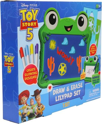 مجموعة Disney Pixar Toy Story 5 Draw & Erase Lilypad - لوحة توهج قابلة للمسح الجاف على شكل ضفدع ولوحة أقلام مغناطيسية للسفر، ابتكر أعمالًا فنية واستنسل وأقلام تحديد، للأطفال بعمر 3 سنوات فما فوق in Kuwait