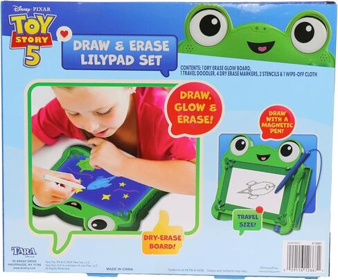 مجموعة Disney Pixar Toy Story 5 Draw & Erase Lilypad - لوحة توهج قابلة للمسح الجاف على شكل ضفدع ولوحة أقلام مغناطيسية للسفر، ابتكر أعمالًا فنية واستنسل وأقلام تحديد، للأطفال بعمر 3 سنوات فما فوق in Kuwait