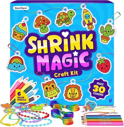 Dan&Darci Shrink Art Craft Kit for Girls and Boys Ages 6-12 - Shrink Magic Charm Making Kit with 30 Pre-Cut Shrink Plastic Templates - Kids Craft Birthday Gift for 7 8 9 10 Year Olds in Kuwait