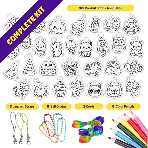 Dan&Darci Shrink Art Craft Kit for Girls and Boys Ages 6-12 - Shrink Magic Charm Making Kit with 30 Pre-Cut Shrink Plastic Templates - Kids Craft Birthday Gift for 7 8 9 10 Year Olds in Kuwait