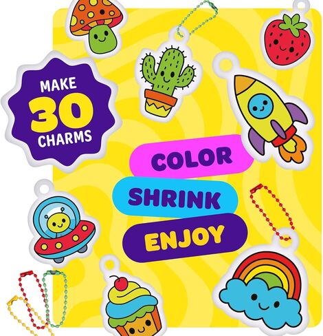 Dan&Darci Shrink Art Craft Kit for Girls and Boys Ages 6-12 - Shrink Magic Charm Making Kit with 30 Pre-Cut Shrink Plastic Templates - Kids Craft Birthday Gift for 7 8 9 10 Year Olds in Kuwait